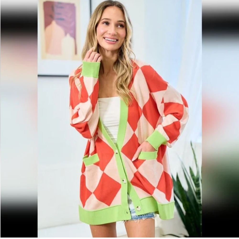Colorful Diamond Pattern Cardigan